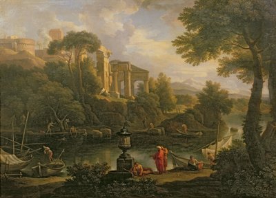 Landschaft mit Figuren an einem Teich mit Ruinen im Hintergrund von Jan Frans van Bloemen